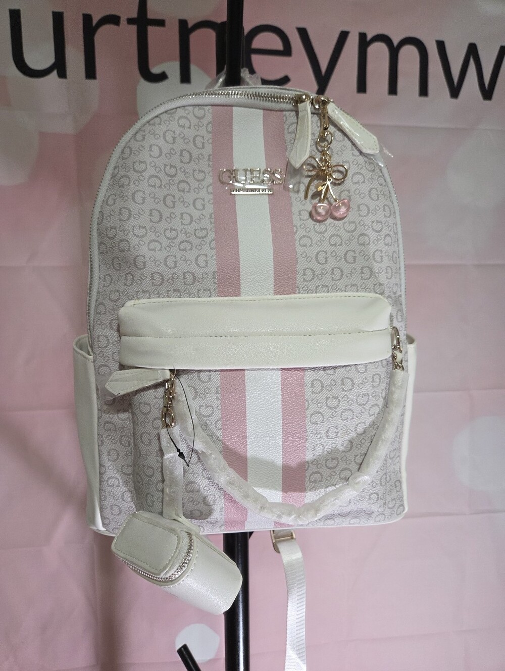 GUESS White & Pink Logo Stripe Backpack
